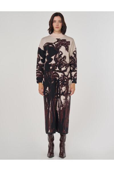 Kayra Abstract Pattern Viscose Knitwear Dress Dark Brown