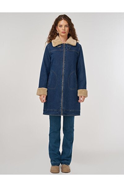 Kayra Fur Collar Denim Coat Dark Navy Blue