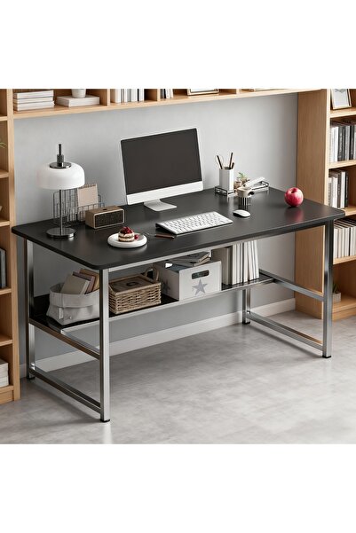 Aralifes Modern Computer Desk Gaming Table with Storage Shelves - Hardwood and Metal Study Desk