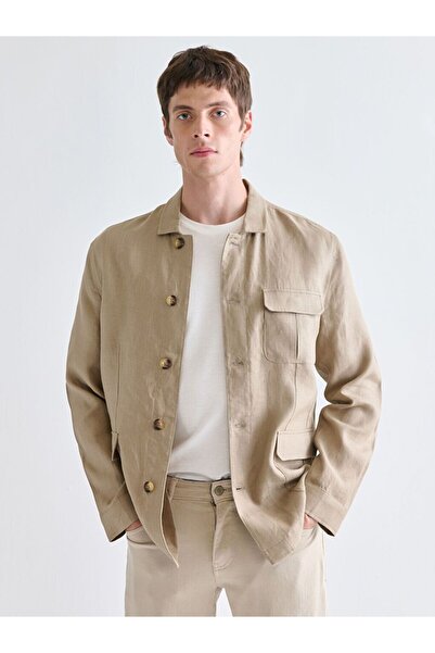 LC Waikiki Southblue Beige Shirt Collar 100% Linen Men's Jacket