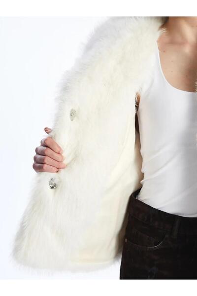 LC Waikiki Γυναικείο γούνινο παλτό με γιακά σε εκρού χρώμα