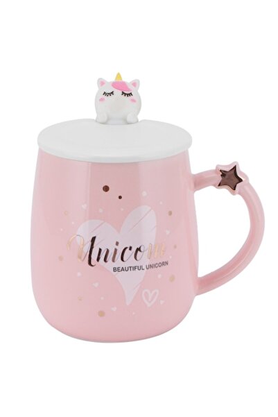 OEM Cană ceramică cu capac și linguriță, Mmgoqqt, model de desene animate, roz, pentru casă și birou