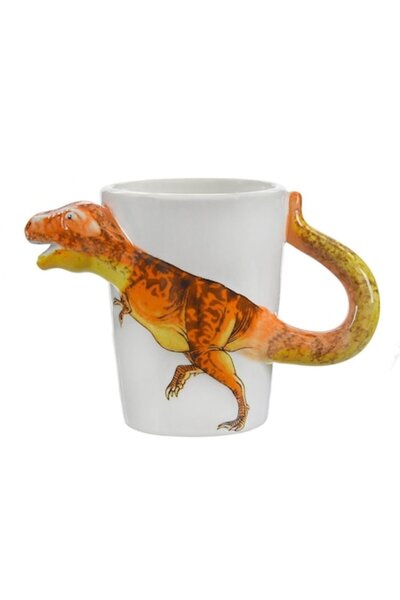 SHOPIENS 3D Ceramic Mug, T-Rex Dinosaur, White-Orange, 310 ml