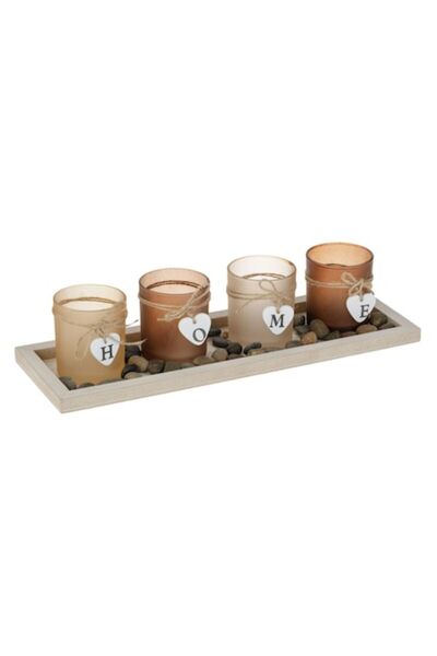 SHOPIENS Candle Holder Set "Home" - 4 Glasses, Wood & Glass, Multicolor
