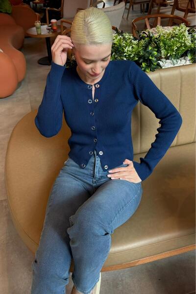 Madmext Indigo Snap Closure Knitwear Women's Cardigan Mg2579