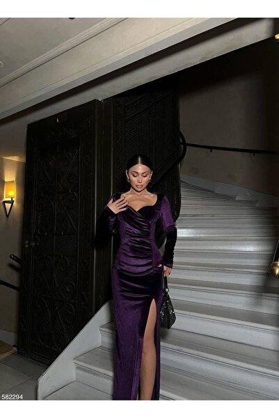 Modafeminen Rochie din catifea cu mâneci lungi cu detaliu de fante 582294 PURPLE