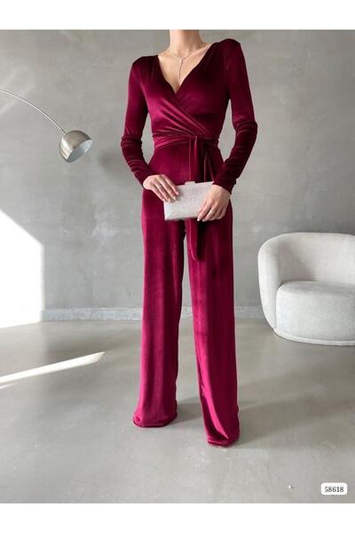 Modafeminen Stretchy Velvet Fabric Double Breasted Neckline Belted Long Evening Dress Jumpsuit 58618 Burgundy