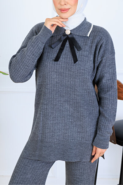 benguen Ribbed Collar Detail Knitwear Set S1064 Anthracite