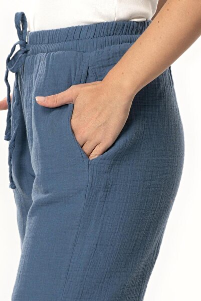 Eliş Şile Bezi Pearl Tie-Up Long Summer Muslin Shorts Indigo Indg