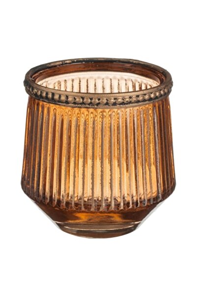 SHOPIENS Suport lumânare tip pastilă din sticlă, model în relief, margine met...