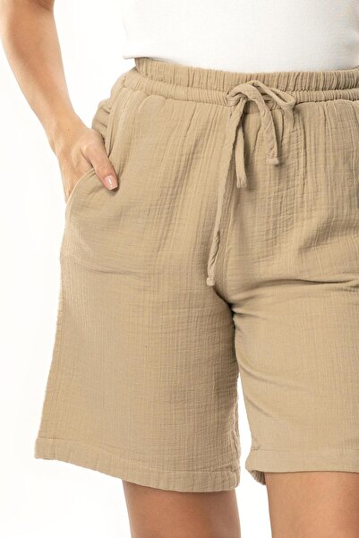 Eliş Şile Bezi Pearl Tie-Up Long Summer Muslin Shorts Mink Vzn