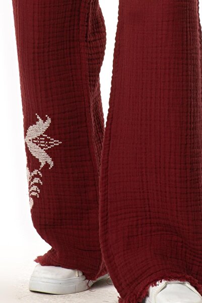 Eliş Şile Bezi Elastic Waist Sprout Autumn and Winter Embroidered Double Muslin Pants Burgundy Brd
