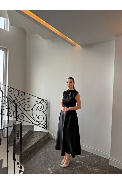 Dilarabulut Narisa Midi Boy Kloş Etek Kolsuz Saten Abiye Elbise