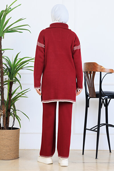 benguen Zippered Collar Stripe Detail Knitwear Set S1061 Claret Red