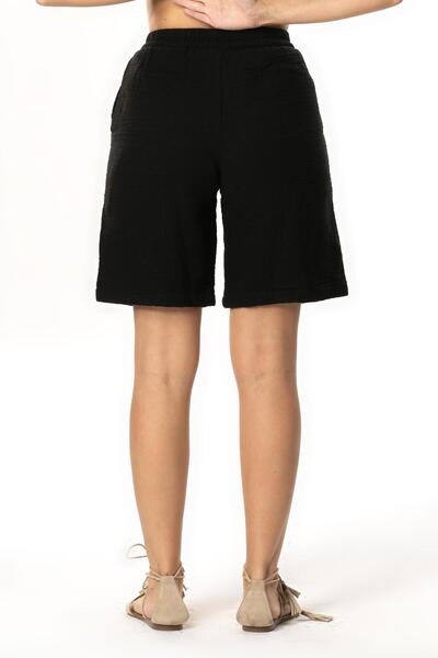Eliş Şile Bezi Pearl Tie-Up Long Summer Muslin Shorts Black Syh
