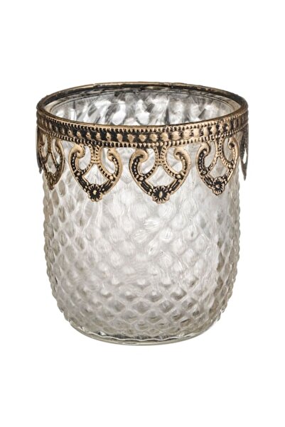 SHOPIENS Suport pentru lumânări - model diamantat cu ramă aurie metalică, tra...