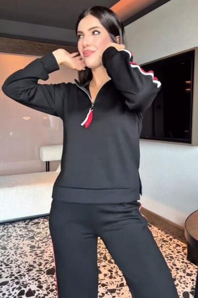 Mossta Zippered Viscose Two Thread Blouse Pants Two Piece Set - Black