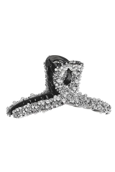 MYONNA IT & E- COMMERCE Clamă de păr pentru femei, model cu buclă, perle albe și strass, neagră, 11 cm