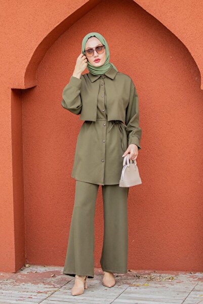Tesettür Çarşım Mist Krep Tunik Pantolon Takım-Haki