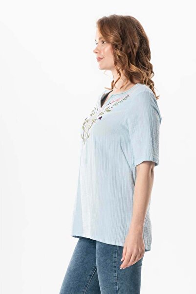 Eliş Şile Bezi Bluză cu mânecă scurtă, cu decolteu în V, cu broderie, albastră