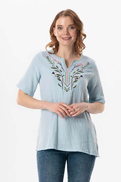 Eliş Şile Bezi Bluză cu mânecă scurtă, cu decolteu în V, cu broderie, albastră