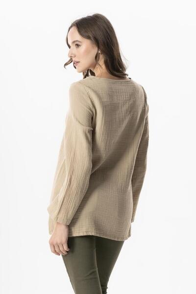 Eliş Şile Bezi Long Sleeve Floral V-Neck Embroidered Muslim Summer Blouse Mink Vzn