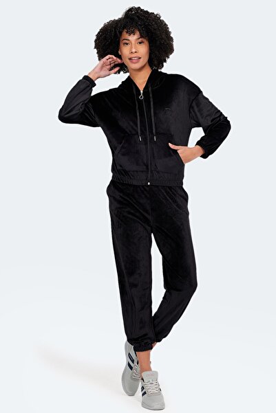 Slazenger Kadın Fermuarlı Kapüşonlu Rahat Eşofman Takımı Siyah