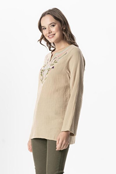 Eliş Şile Bezi Μακρυμάνικη καλοκαιρινή μουσουλμανική μπλούζα με λουλούδια με λαιμόκοψη σε σχήμα V Vizon Vzn