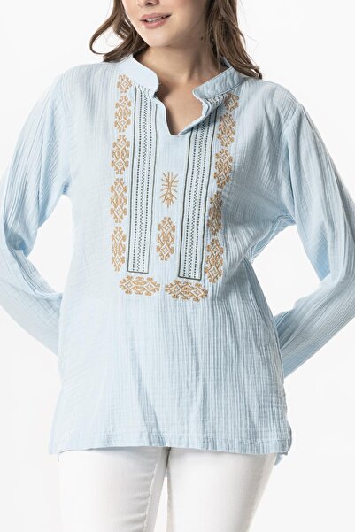 Eliş Şile Bezi Tricou de vară din muselină pentru femei cu mânecă lungă Ibiza brodat Ice Blue Bmv