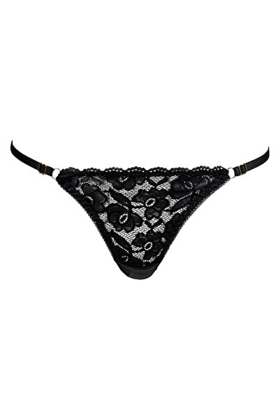 SHOPIENS Women's Brazilian string panties, black lace, adjustable side straps