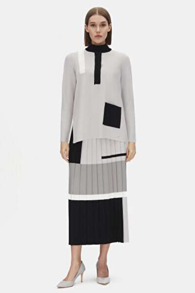 MISS DALIDA Renkli Çizgili Triko Plise Siyah Etek