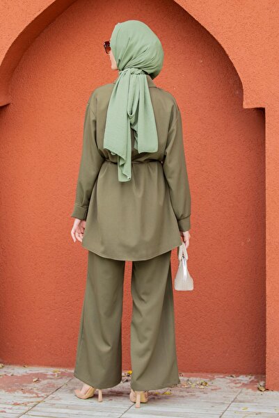 Tesettür Çarşım Mist Krep Tunik Pantolon Takım-Haki