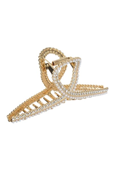 SHOPIENS Agrafă de păr, model buclă, metal, culoare aurie, mărgele albe și strass, 11,5 cm