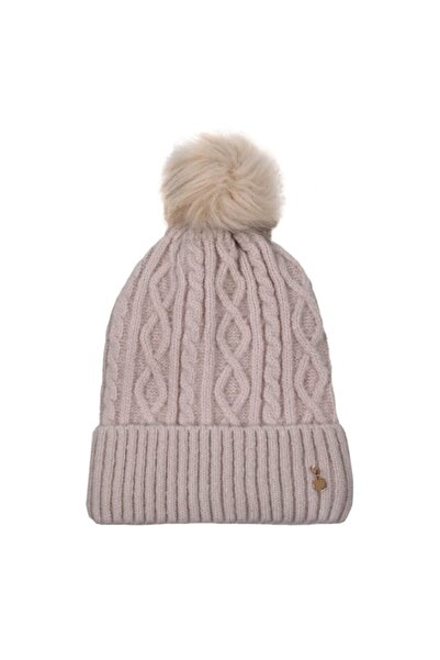ANTBRO Women's Knitted Hat with Fur Pompon, Ecru