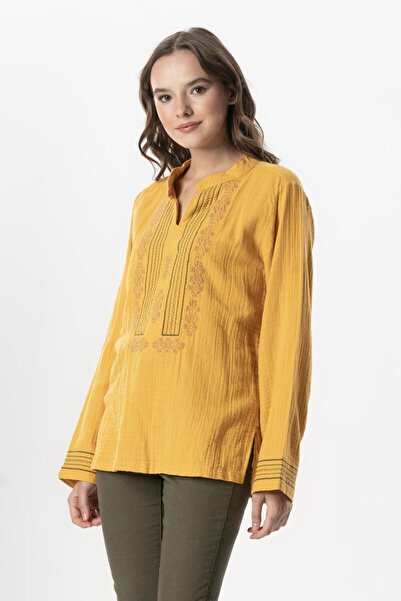 Eliş Şile Bezi Long Sleeve Ibiza Embroidered Women's Muslin Summer T-Shirt Mustard Hrd