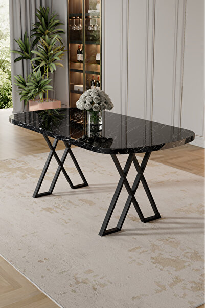 Canisa Kaye Serisi Mdf 90x168 Siyah Mermer Desen Mutfak Masası Takımı 6 Gri Sandalye