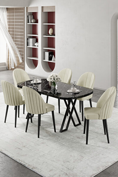 Canisa Kaye Serisi Mdf 90x168 Siyah Mermer Desen Mutfak Masası Takımı 6 Krem ...