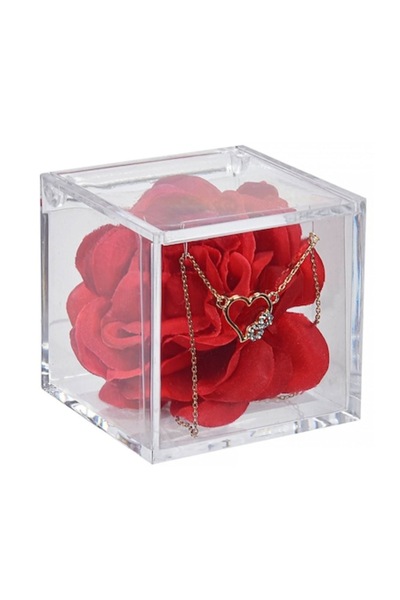 SHOPIENS Colier de aur, pandantiv inimă infinită, trandafir roșu, cutie din plexiglas 6x6x6cm