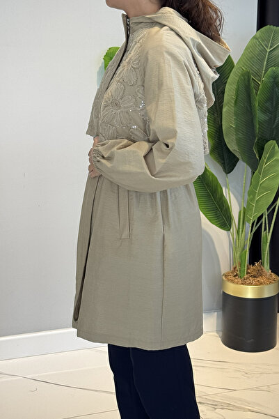Lale Butik Floral Embroidery Cap Detailed Jacket Hooded Cap 140098 Stone