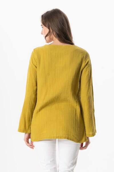 Eliş Şile Bezi Long Sleeve Floral V-Neck Embroidered Muslin Summer Blouse Oil Green Ygysl