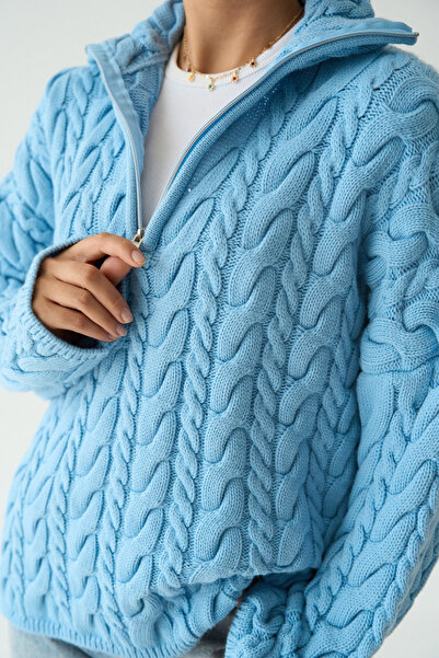 LOOSH Kadın Mavi Yakası Fermuarlı Örgü Desen Oversize Kazak