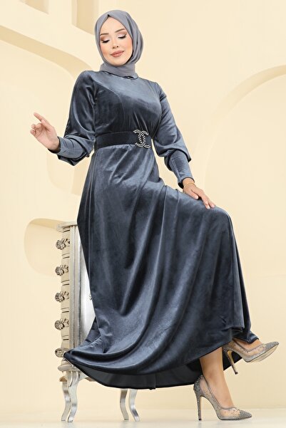 ModaMerve Kemeri Taşlı Kadife Elbise 2414MEY846-MS Antrasit