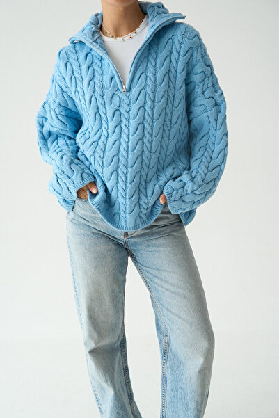 LOOSH Kadın Mavi Yakası Fermuarlı Örgü Desen Oversize Kazak