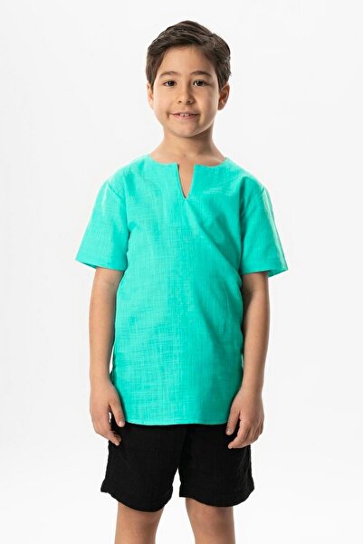 Eliş Şile Bezi Κοντομάνικο μπλουζάκι από ύφασμα σιλέ με λαιμόκοψη καλοκαιρινό για αγόρια Aqua Green 3047