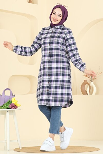 ModaMerve Manşeti Lastikli Ekose Tunik 4123PM271-MS Lila