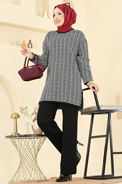 ModaMerve Yırtmaç Detaylı Desenli Takım 2718AYD574-MS Siyah