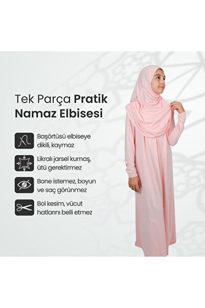 ihvan online Practical One-Piece Children's Prayer Dress with Headscarf 8-12 Years Old - Powder