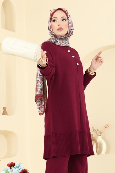 ModaMerve Aksesuar Düğmeli Triko Takım 2723AYD574-MS Bordo