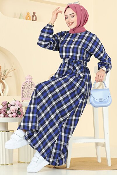 ModaMerve Beli Bağcıklı Ekose Elbise 4124PM271-MS Saks