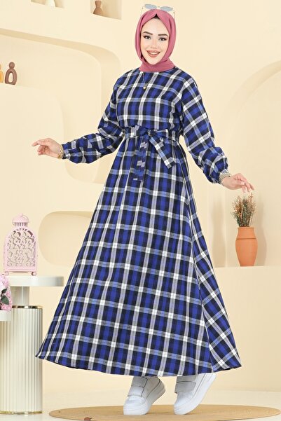 ModaMerve Beli Bağcıklı Ekose Elbise 4124PM271-MS Saks